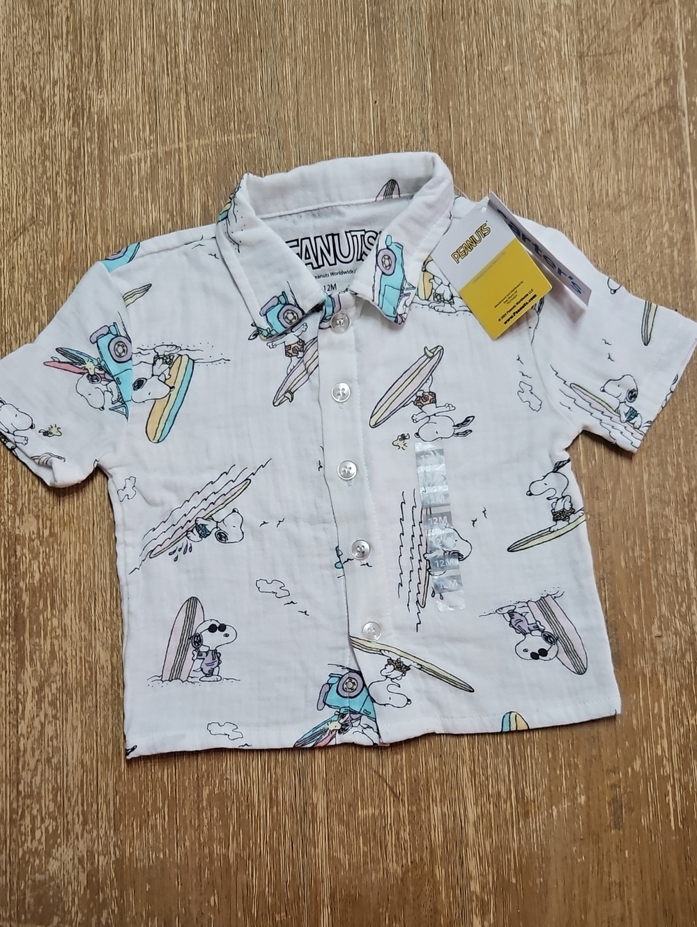 Peanuts White Short-Sleeve Surf Print Button-Down Shirt for Kids